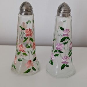 Vintage Crystal Glass Hand painted Floral Salt And Pepper Shakers